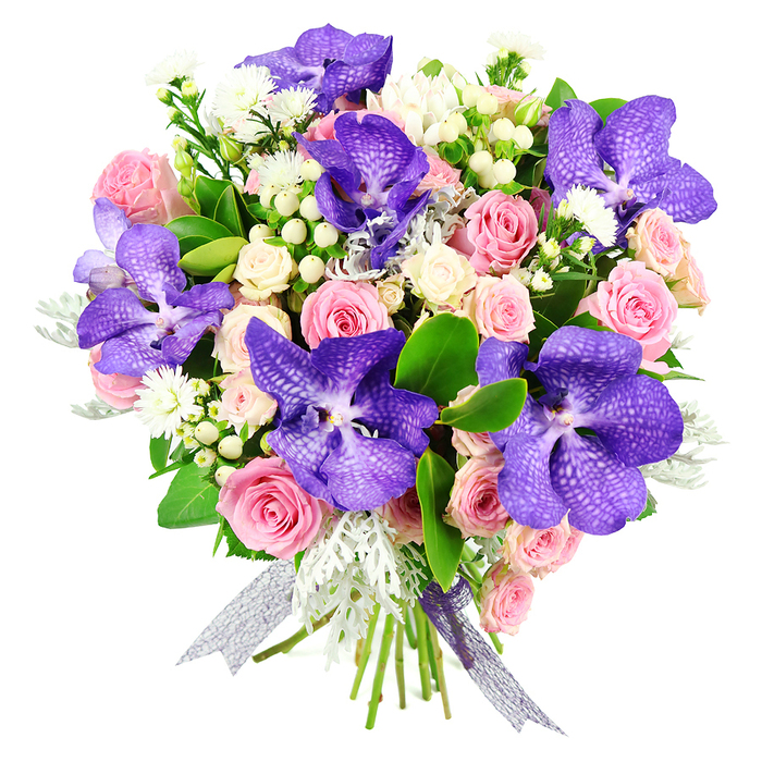 Set before a bright white background, this professionally arranged bouquet presents itself as a harmonious blend of bold colour and gentle softness, reflecting the refined taste often found in Stanmore homes. The focal flowers are majestic Vanda orchids, their petals a rich fusion of violet and deep blue, patterned with a delicate network of speckles and veins that give each bloom a captivating, almost sculptural quality. Intertwined with these orchids are soft pink roses, artfully spaced so that you can appreciate the range from tightly bound buds to fully opened flowers with layered, spiralling petals that suggest romance and intimacy. Nestled among the larger heads are creamy white spray roses, gathered in small sprays that add volume and a tender glow, softening the overall profile of the bouquet. Light sprays of minute white filler flowers add intricate detail, filling in gaps and creating a sense of airy movement. Punctuating the composition are clusters of pale hypericum berries, their smooth, spherical shapes standing out against the petals and providing a pleasing textural contrast. The greenery is equally considered: deep, glossy green leaves provide strength, structure, and a lush backdrop, while Sprigs of silvery-grey dusty miller introduce cool, feathery accents that temper the richer colours, reminiscent of a soft mist rolling over Stanmore's leafy streets. The whole design is finished at the base with a shimmering, semi-sheer ribbon in tones of silver and lilac, wound securely around the stems and tied so the ends fall gracefully. This bouquet embodies understated luxury and heartfelt sentiment, perfect for local flower delivery in Stanmore for anniversaries, birthdays, or simply to bring a sophisticated splash of colour and comfort into someone's day.