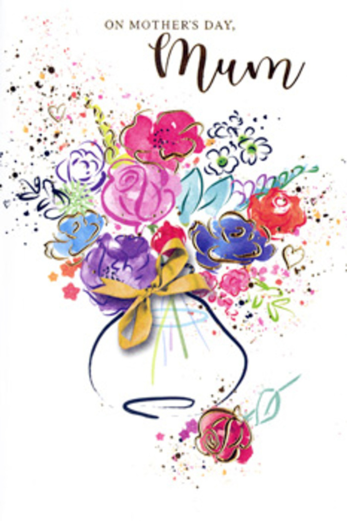 Expressive Mother's Day card design showing an exuberant bouquet painted in a free, watercolour style, gathered into a small vase tied with a golden bow. The blossoms are a joyful fusion of colour: hot pinks and raspberry tones mingle with rich purples, soft apricot, and patches of serene blue, each hue fading gently at the edges where the watercolour bleeds into the white background. Deep indigo lines sketch in loose petals and leaves, offering gentle structure without losing the sense of spontaneity. Fine touches of metallic gold trace certain petals and leaf tips, and also adorn the bow and rim of the vase, lending a sense of quiet luxury that feels at home in a carefully curated Stanmore living room. Around the main arrangement, scattered dots of colour and small hearts drift outward, like memories and moments radiating from the central figure of a mother in a family. The vase sits firmly at the bottom of the composition, its soft curves and muted tones grounding the lively bouquet above, much like the steady presence of a parent anchors the energy of a home. Though the overall feel is airy and playful, the balance of cool and warm shades, the repetition of pinks and blues, and the considered placement of golden highlights reveal an expert eye-someone who, like a seasoned florist, knows how to make each element sing without overshadowing the others. This illustrated bouquet becomes more than a decoration on a card; it is a keepsake expression of admiration and gratitude, perfectly suited to Mother's Day deliveries throughout Stanmore and neighbouring streets.