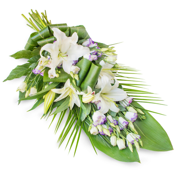 Captured on a plain white background, this large funeral floral tribute is arranged in a classic casket spray or teardrop style, gently slanting across the frame from upper left to lower right. The eye is first drawn to the white oriental lilies that anchor the design. Some of these lilies are fully open, their broad, soft petals spreading like quiet stars around central stamens shaded in light yellow and green. Others stand tall as elegant buds, their tightly wrapped petals adding height and a sense of unfolding time. Threaded between the lilies are sprays of lisianthus, with clusters of bell-shaped blooms whose white petals are delicately rimmed in lavender, the faint purple tones adding understated contrast to the otherwise monochrome palette. Lisianthus buds are plentiful, dotting the arrangement and lending texture and variation. The flowers are cradled in a substantial bed of foliage. Dark, broad leaves form a solid foundation, while long, fine, palm-like fronds arc outwards from the lower section, accenting the elongated profile of the spray. Among them, a few leaves are rolled and shaped into clean, sculptural lines, hinting at the skilled, contemporary hand of the florist at Flower Delivery Stanmore. The piece feels freshly made, as though it could be placed directly onto a casket in a Stanmore chapel of rest or delivered to a home near Stanmore Hill for a private farewell. With its calm whites, lush greens, and gentle touches of lavender, the arrangement embodies quiet respect, peace, and a tender farewell that resonates with families throughout the Stanmore area.