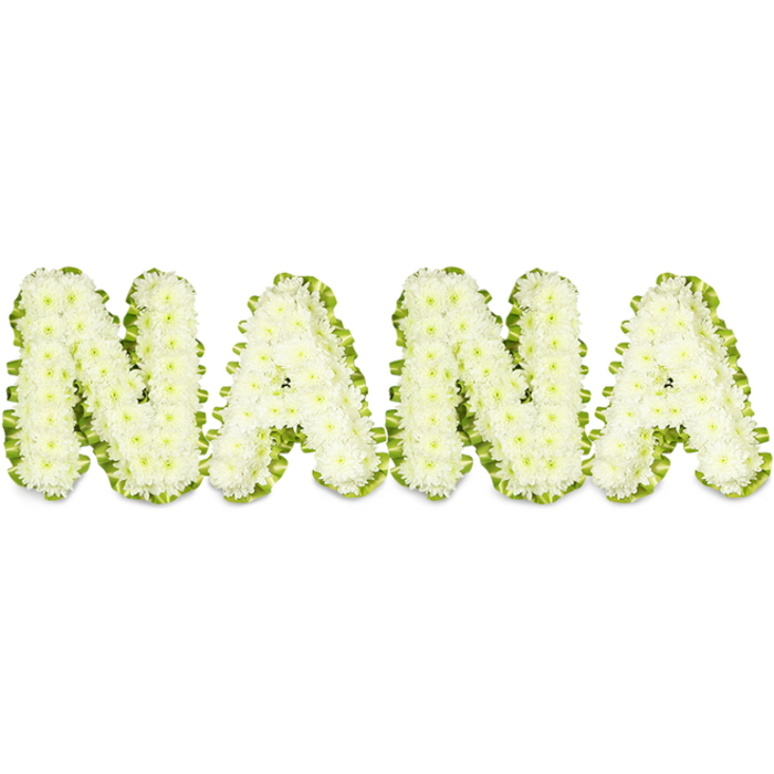 A respectful, highly crafted floral tribute spells out 'NANA' in large, three-dimensional letters, each one built from hundreds of closely packed, pristine white chrysanthemum heads. The small, rounded petals of these button chrysanthemums create a soft, even surface across the face of every character; from a short distance the letters read as luminous blocks of white, while close-up the gentle ruffles and tiny petal edges reveal the careful floral work beneath. A vivid green border - suggestive of fresh foliage or expertly pleated ribbon - traces the perimeter of each letter, its saturated tone setting off the purity of the white blossoms and increasing legibility on the stark white backdrop. Studio light is even and bright, accentuating the arrangement's three-dimensional depth and the freshness of every bloom, while subtle shadows along the letter edges give the piece a sculptural quality.
As a funeral or memorial tribute this composition communicates love and respect for a cherished grandmother, offering a calm visual anchor for a family gathering. I picture it created by a local hand in Stanmore, prepared with the same quiet attention used for tributes delivered to services near Stanmore station, placed at chapels around Stanmore Broadway or brought to commemorations at Bentley Priory. Flower Delivery Stanmore crafts arrangements like this with an emphasis on texture and line - the green border providing both contrast and a whisper of new growth, the white chrysanthemums suggesting peace and remembrance. The overall impression is one of dignified affection: a clean, honest expression of grief and gratitude, designed to comfort those who come to say goodbye.