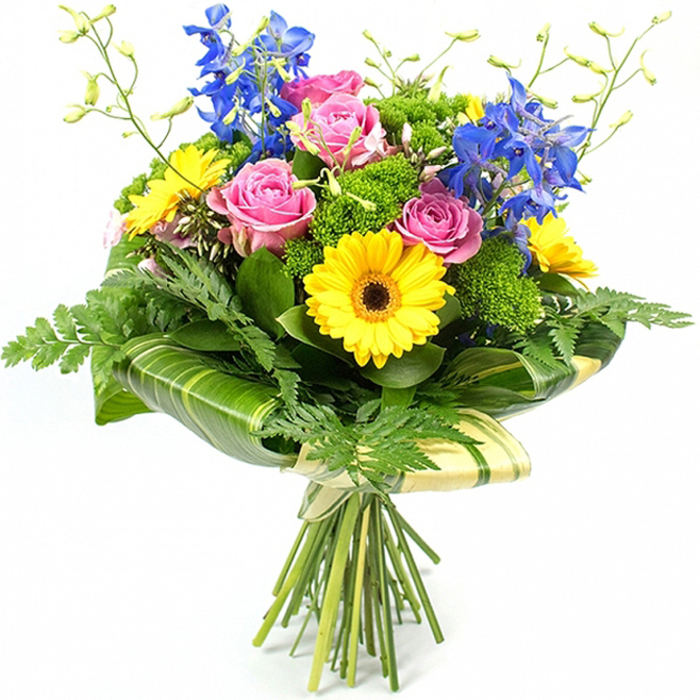 This hand-tied bouquet appears vivid and sculpted against a bright white background, showcasing the skill of an experienced Stanmore florist. In the centre, several pink roses are fully open, revealing intricate spirals of softly layered petals, their colour transitioning from warm rose at the core to a gentler pastel pink at the edges. They lend the arrangement a romantic, almost classic English-garden charm, reminiscent of blooms you might spot in front gardens along Stanmore's quiet residential streets. Radiating around them, golden-yellow gerbera daisies with dark, almost chocolate-brown centres add an immediate sense of joy and brightness; their daisy-like heads are perfectly symmetrical, each slender petal catching the light and contributing to an uplifting mood. Rising above the more rounded forms, slender stalks of deep blue delphinium provide height and drama. Each stalk is lined with multiple blossoms, stacking delicately along the stem and bringing a cool, serene counterbalance to the warmer tones below. The bouquet is framed and filled out with an abundance of greens: fine fern fronds soften the border with their lacy texture, while broad, glossy leaves are wrapped artfully around the lower section of the flower cluster to create a refined green collar. Some of these leaves show subtle lighter stripes, adding quiet visual interest. Nestled between the main blooms, bright green, cushion-like filler foliage adds volume and a tactile sense of depth. Thin, airy stems tipped with tiny buds extend above the main flowers, giving an impression of freshness and natural movement, like new shoots catching a breeze across Stanmore Common. The stems at the base are neatly aligned and bound in pale cream or gentle green wrapping, secured with a plain bow, ready to be carried as a birthday bouquet, a congratulations gift, or delivered to a home off Marsh Lane to brighten the day.