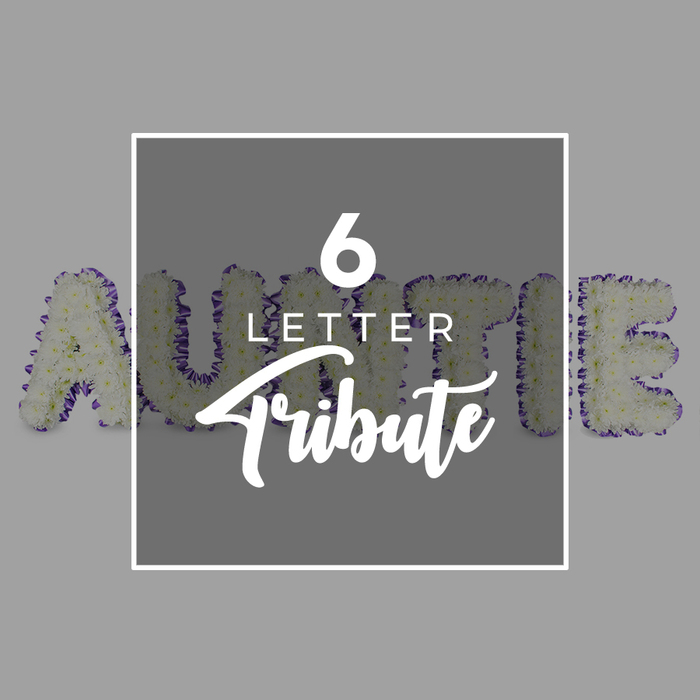 A heartfelt floral message unfolds as six freestanding letters spell AUNTIE, created from a lush, dense field of white chrysanthemums that feel velvety to the eye and touch. The letters sit against a muted gray background, each one outlined with a vivid purple trim formed by smaller blossoms and ribbons that give the piece a refined, contemporary edge. Centered within the arrangement is a square white frame, inside which the text 6 LETTER is rendered in crisp sans serif type, with Tribute written in an elegant script below, signaling a bespoke memorial tribute. The styling suggests careful craftsmanship and personal meaning, perfect for commemorating a beloved Auntie at a Stanmore funeral service or memorial gathering. The overall mood blends solemnity with warmth, a quiet assurance that love endures. Available for delivery across Stanmore and nearby neighborhoods, this design emphasizes freshness, balance, and lasting presence, making it an enduring symbol of gratitude and remembrance for families facing loss.