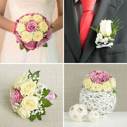 This collage of four wedding florals feels like a complete story of a Stanmore couple's day, each panel revealing a different detail in the same romantic palette of cream, pale yellow, and pink roses, softened with white baby's breath and greenery. In the top-left frame, the bride's torso is shown in a white gown with delicate lace at the bodice, her hands gently cradling a compact, round bouquet. The roses are clustered in layers of ivory and light yellow, punctuated by richer pink and magenta blooms, with fine sprigs of white filler flowers and green leaves peeking through, giving the bouquet a lush, luxurious look suited to an aisle walk in one of the local churches off Marsh Lane. The top-right frame zooms in on the groom's lapel: a dark grey suit jacket, bright red silk tie, and a carefully crafted boutonniere. A single white rosebud, edged with tiny baby's breath and a touch of greenery, is finished with a small, perfectly tied white satin bow, a subtle but polished accent that matches the bridal bouquet from Flower Delivery Stanmore. In the bottom-left frame, a smaller bridesmaid's bouquet rests casually on light, textured linen. It echoes the same mix of cream, yellow, and vivid pink roses, but arranged in a more relaxed, asymmetrical style, encircled by frothy white filler flowers and foliage, the stems wrapped in a cheerful pink-and-white striped ribbon that hints at individual personality. The bottom-right frame offers a view of a round table centerpiece: the same roses and baby's breath gathered into a neat dome, set atop a sculptural white twig sphere vase, flanked by two natural woven decorative balls on a clean white surface and neutral beige background, evoking a stylish reception at a Stanmore hotel or hall.