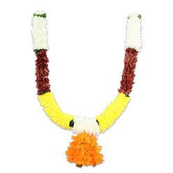 This U-shaped ceremonial garland, photographed against stark white to show every detail, reads like a small study in traditional colour and craft - the kind we make for doorways and altars in and around Stanmore. Beginning at each upper arm, compact clusters of soft, creamy-white florets resemble miniature chrysanthemums; under studio light they appear almost pillowy, offering a quiet, ceremonial calm. Directly beneath, a rich band of reddish-brown elements provides a tactile contrast: these flattened, textured pieces suggest layered petals or preserved leaf shapes that introduce depth and warmth. The curve broadens into a vivid yellow section formed of tightly packed marigold-like pom-poms, their bright golden tones creating the familiar festive sweep of the U. Small green accents-leaf-like knots or ribbons-mark the joins and lend a subtle botanical punctuation.

Hanging from the lowest point, a voluminous orange pendant commands the composition. Its ruffled, multi-layered petals create a rounded, buoyant form that reads as both focal ornament and symbolic offering. The materials feel silky yet substantial, chosen for longevity so families can reuse the garland for Diwali, Ganesh Chaturthi, weddings, or temple decoration. As a Stanmore florist I picture this piece brightening an entrance near Canons Park or gracing a home on the Broadway; Flower Delivery Stanmore can prepare similar styles for local delivery. The overall effect is celebratory and reverent-traditional hues and confident construction that hold their festival spirit season after season.