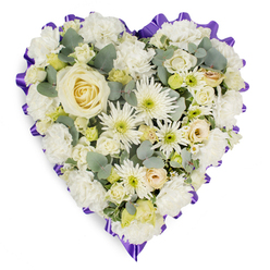 A serene heart-shaped tribute rests on a stark white surface, composed to radiate calm and measured grace. The composition is anchored by a centrally placed, creamy-white rose whose smooth, spiralling petals act as a quiet focal point. Surrounding it, generous clusters of white carnations create a cloud-like fullness-each ruffle catching light and shadow to produce a soft, tactile landscape. White chrysanthemums with narrow, spidery petals fan outward like gentle rays, their subtle pale green centres introducing a delicate, fresh accent that keeps the overall tone from feeling flat. Small, cream-hued roses and delicate lisianthus buds punctuate the massed flowers, offering intimate moments of shape and shade that suggest both the fragility and persistence of loving memory.

Sprays of silvery-blue eucalyptus are threaded throughout, their cool hue and fine-textured stems lending breathable space among the blooms and a lightly aromatic lift that might be noticed in a small chapel near Canons Park or beside a peaceful domestic mantel. Encircling the heart, a pleated ribbon in deep lavender to rich purple traces a scalloped border, framing the white palette with a respectful, almost regimental edge that reads as solemn yet tender. The overall effect is one of thoughtful restraint: meticulous layering and balanced contrasts that convey dignity, consolation and the steady presence of care. This is the kind of sympathy heart that would be chosen for a funeral service in Stanmore, placed as a memorial tribute where families wish to express heartfelt condolence without ostentation.