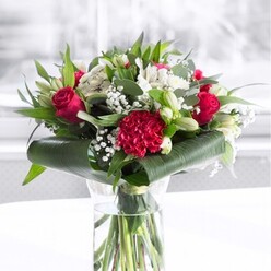 A luxurious red and white floral arrangement rises from a clear cylindrical glass vase, the cut stems lined up neatly in the water and catching the light in clean vertical lines. At its heart are velvety deep red roses, each bloom at that perfect stage between bud and full flower, their petals spiralling open with a sense of timeless romance. A prominent crimson carnation sits toward the front, its heavily ruffled petals creating a richly textured centerpiece that contrasts beautifully with the smoother curves of the rose petals. Nestled amongst these passionate reds are elegant white flowers: alstroemeria with slender, softly speckled petals, rounded white chrysanthemum-style blooms, and several white lily buds still closed, promising slow, graceful opening in the days ahead. Fine sprays of gypsophila, or baby's breath, thread through the composition like a delicate veil, giving the whole bouquet a light, airy finish. The arrangement is grounded by smart, structured greenery - broad, dark green leaves are folded and wrapped around the base in a polished collar, while slimmer, eucalyptus-like stems and pointed leaves add height and varied shades of green. The bouquet rests on a smooth white tabletop, against a bright, out-of-focus background that suggests daylight streaming through a Stanmore window, perhaps near Canons Park or along Marsh Lane. The mood is both uplifting and composed, ideal for marking a milestone birthday, sending congratulations to a new homeowner, or delivering quietly confident love to someone special. Crafted with an expert eye for proportion and balance, this bouquet feels like a conversation between bold colour and gentle calm, perfect for same-day delivery across the Stanmore area when words alone are not enough.