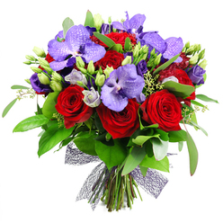 A symphony of color and texture unfolds in this bouquet, balancing intensity with tenderness in a way that invites quiet admiration. The deep crimson roses anchor the arrangement with their plush, romantic blooms, while purple Vanda orchids introduce an exotic note, their broad petals speckled with darker shades that catch the eye from every angle. Nestled among them, clusters of lisianthus rise in soft lilac tones, some still shyly closed, others opening to reveal velvety petals that shimmer as light travels across the petals. The greenery-thick, glossy leaves interspersed with finer sprays-creates a lush, garden-like backdrop that adds volume and a sense of natural abundance. Tiny pale-green fillers weave through the composition, and an array of green buds hints at growth and freshness, as if the bouquet were just plucked from a sunlit greenhouse. At the base, a dark plum-toned open-weave mesh ribbon ties the stems into a poised, contemporary knot, giving a refined, architectural finish. This arrangement speaks to celebratory occasions-romantic milestones, anniversaries, or a grand gesture of appreciation. In Stanmore, this design would be a standout centerpiece for a dinner party or a thoughtful gift for someone special, crafted with the precision and warmth you expect from a trusted local florist, with options for reliable same-day delivery across the area and surrounding NW London neighborhoods.