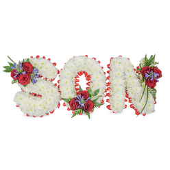 Arranged with the practiced hand of a neighbourhood florist, this floral tribute spells the word SON in striking, three-dimensional capitals crafted from tightly clustered pure white chrysanthemums. The blossoms are arranged so the surface of each letter reads as a soft, continuous field of tiny petals, set against a crisp white backdrop that highlights every curve. A vivid red satin ribbon trims each letter with a pleated, scalloped border that both frames and elevates the text; where light skims the ribbon its glossy texture contrasts beautifully with the matte chrysanthemums. Three composed sprays add colour and movement: a cluster of deep red roses and upright blue-purple spikes sits on the top-left curve of the S, a matching grouping nestles into the lower centre of the O, and the N carries a cascading trio of roses, spiky blue blooms, and ferny green foliage on its upper right. The greens - including delicate fern fronds and trailing leaves - provide shadow and softness, letting the red and white sing without harshness. This is a classic condolence design, where pristine whites suggest peace and the red roses speak of undying love, all arranged with thoughtful restraint. As a Stanmore florist serving areas from Stanmore High Street to the quiet lanes near Stanmore Tube, Flower Delivery Stanmore often supplies this style for funerals and memorials, and the photograph conveys the reverent simplicity and skilled detailing families rely on during farewell services.
