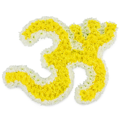 This image presents a beautifully composed floral Om symbol, rendered with the kind of precision and reverence you might expect for a meaningful farewell in Stanmore. The symbol sits alone against a spotless white background, giving the impression of stillness and focus, as though the viewer has stepped into a moment of quiet prayer. The interior of the sacred character is completely filled with tightly clustered golden-yellow flowers, likely petite chrysanthemums or marigolds, their rounded, slightly ruffled petals interlocking to form a soft, textured field of colour. The golden hue glows warmly, evoking devotion, hope, and the brightness of festival garlands found around Stanmore's temples and community halls. Encircling this vibrant centre is a narrow yet perfectly even band of pure white blossoms, carefully arranged to define every contour of the Om, including its graceful curves, inner sweep, and the small, separate dot resting at the top right. This white border enhances the clarity of the symbol and lends a feeling of calm and purity, like a gentle halo around the brighter yellow heart. Bright, balanced lighting ensures that every petal appears fresh and full of life, with the yellow and white tones standing out in clean contrast. The floral craftsmanship suggests a tribute specifically designed for a Hindu funeral, a remembrance ceremony in a Stanmore home, or a spiritual service where family and friends gather to honour a cherished soul. The piece feels like a floral mantra: thoughtful, composed, and deeply respectful, offering comfort and a sense of sacred continuity to all who encounter it.