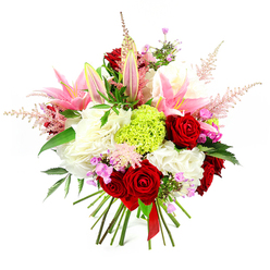 This image shows a richly detailed, hand-tied bouquet set against a bright white background, allowing every bloom to stand out with clarity, as if displayed in the window of a Stanmore florist on a sunny afternoon. In the centre, velvety crimson roses form a passionate focal point, their petals spiralling densely to create a sense of depth and intensity. Interwoven with them are pink lilies, some fully open, their long, star-shaped petals revealing soft blush interiors and delicate stamens, others remaining in sleek, green-tipped buds that suggest unfolding fragrance and beauty. Beneath these larger flowers lies a base of creamy white, ruffled blooms-resembling hydrangeas or generous carnations-adding volume and a cloud-soft cushion that brightens the entire arrangement. A vivid lime green pom of dianthus or "Green Trick" carnation sits prominently within the bouquet, offering bold contrast and a contemporary feel, like a refreshing burst of colour seen in the landscaped gardens around Stanmore Hill. Wispy plumes of pale pink astilbe extend upwards and outwards, introducing a feathery, romantic texture that softens the outline and brings a gentle sense of movement. Between the main blossoms, tiny clusters of fuchsia and lavender filler flowers peek out, providing playful touches of deeper pink and purple that reward closer inspection. Dark green foliage, with a subtle sheen, threads throughout the design, grounding the arrangement and emphasising the richness of the brighter tones. The stems are left exposed at the base, expertly aligned and tied with a slender deep red ribbon, signalling that this is an artisan, hand-tied bouquet rather than a vase display. Crafted with care akin to that found at Flower Delivery Stanmore, the bouquet exudes celebration and affection, making it perfect for birthdays, anniversaries, or congratulatory moments in homes and offices across Stanmore and the surrounding HA7 area.