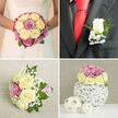 This collage of four wedding florals feels like a complete story of a Stanmore couple's day, each panel revealing a different detail in the same romantic palette of cream, pale yellow, and pink roses, softened with white baby's breath and greenery. In the top-left frame, the bride's torso is shown in a white gown with delicate lace at the bodice, her hands gently cradling a compact, round bouquet. The roses are clustered in layers of ivory and light yellow, punctuated by richer pink and magenta blooms, with fine sprigs of white filler flowers and green leaves peeking through, giving the bouquet a lush, luxurious look suited to an aisle walk in one of the local churches off Marsh Lane. The top-right frame zooms in on the groom's lapel: a dark grey suit jacket, bright red silk tie, and a carefully crafted boutonniere. A single white rosebud, edged with tiny baby's breath and a touch of greenery, is finished with a small, perfectly tied white satin bow, a subtle but polished accent that matches the bridal bouquet from Flower Delivery Stanmore. In the bottom-left frame, a smaller bridesmaid's bouquet rests casually on light, textured linen. It echoes the same mix of cream, yellow, and vivid pink roses, but arranged in a more relaxed, asymmetrical style, encircled by frothy white filler flowers and foliage, the stems wrapped in a cheerful pink-and-white striped ribbon that hints at individual personality. The bottom-right frame offers a view of a round table centerpiece: the same roses and baby's breath gathered into a neat dome, set atop a sculptural white twig sphere vase, flanked by two natural woven decorative balls on a clean white surface and neutral beige background, evoking a stylish reception at a Stanmore hotel or hall.