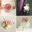 This image captures the artistry of a wedding floral duo designed for a couple celebrating in Stanmore. The bridal bouquet is full and rounded, composed mainly of mauve-pink roses that appear almost hand-painted, their petals softly curled at the edges and layered in gentle spirals. These roses cluster at the centre, creating a rich, romantic core. Nestled among them are bright green button chrysanthemums, their small, domed blooms adding a lively, almost playful contrast that brightens the whole arrangement, like a patch of fresh grass along The Common in Stanmore. Creamy white lisianthus flowers weave through the roses and chrysanthemums, their ruffled petals lending a dreamy, cloud-soft effect that balances colour and texture. Around the edges, fresh green foliage extends slightly outward, framing the bouquet and giving it a natural, garden-inspired feel. The stems are carefully gathered and bound with an intricate wrap of pink and white ribbon, the satin folded in neat, overlapping lines that show the florist's attention to detail. Light falls gently over the arrangement, highlighting each curve of petal and sheen of leaf. Beside the bouquet lies the groom's boutonnière: a single, elegant white lisianthus bloom, accented with fine grasses and finished with a slim lavender ribbon. It is understated yet memorable, designed to sit crisply against a suit for a ceremony at a local Stanmore venue. Together, the bouquet and boutonnière feel completely cohesive, expressing the hopeful, vibrant spirit of a wedding day and the calm confidence of flowers delivered fresh from a trusted Stanmore florist.