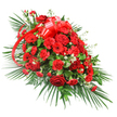 This photograph shows a luxurious, elongated red casket spray resting against a pristine white background, its sweeping form and rich colours echoing the calm dignity of a Stanmore farewell. The arrangement is broad and lush at the centre, then gradually narrows at each end, creating a teardrop-like silhouette that feels both strong and gentle. Deep red roses rise proudly from the heart of the spray, some roses fully open with layered, velvety petals, others still slightly cupped, adding subtle variation and life. Intertwined with them are plentiful red carnations, their ruffled edges forming soft, rounded clusters of colour, while vivid red gerbera daisies with darker central eyes add bold, open faces that draw the gaze. Threaded throughout the dense red blooms are small islands of white filler flowers - likely baby's breath or dainty chrysanthemums - that glimmer softly, enhancing the richness of the red and lending a sense of air and light. At the upper centre, a substantial red satin ribbon has been crafted into a voluminous bow, its shining loops and long, tapering tails flowing down among the flowers in gentle curves, symbolising affection and farewell. The spray is framed by long palm fronds that sweep outward in dark green arcs, supported by shorter, denser greenery and fine, fern-like foliage that fill the interior with depth and texture. The overall impression is of a carefully composed, heartfelt tribute, perfectly suited to rest atop a casket or stand beside the lectern at a service in Stanmore, bringing a message of love, honour and remembrance to families gathering near Canons Park, Whitchurch Lane and the surrounding streets.