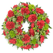 A carefully arranged circular wreath for a funeral or remembrance service is displayed against a spotless white background, its colours and textures unfolding in a calm, continuous ring. The wreath is built around an abundance of deep red carnations, each one with softly frilled, layered petals that give a plush, velvety feel to the arrangement. These carnations are packed closely together, so their blooms touch and overlap, forming an unbroken band of red that conveys depth of feeling and enduring love. Set between them are bright lime green button chrysanthemums, small and rounded, with tight, button-like heads that stand slightly proud of the carnations and provide a striking visual counterpoint. Their crisp, fresh green hue brightens the palette and introduces a note of gentle hopefulness amidst the solemnity. Framing the flowers is a collar of greenery: dark, feathery fern fronds add structure and shadow, while variegated pittosporum leaves, edged in creamy tones, bring a softer, lighter touch and delicate patterning that draws the eye. A subtle green ribbon, patterned with darker stripes, is interwoven through the foliage and blooms on one side, forming relaxed loops that echo the circular form of the wreath without distracting from the natural beauty of the flowers. The lighting is soft and even, producing only a faint halo of shadow beneath the wreath, which gives it a grounded, three-dimensional presence. It resembles the kind of thoughtful tribute you might see delivered by a Stanmore florist to a service at a local synagogue, church, or crematorium, offering a respectful and beautifully balanced expression of condolence for families across Stanmore, Queensbury, and the surrounding Harrow area.