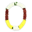 The image captures a beautifully composed funeral garland in a soft U-shape, presented against a plain white background that allows each colour band to stand out clearly. Along the top, a broad stretch of tightly clustered white flowers forms a gentle arch, the tiny, rounded petals pressed together to create a plush, cloud-like texture that speaks of calm and purity. This serene white gradually yields to sections of dark maroon along both sides, where the flowers are equally dense but visually heavier, their rich, wine-toned petals giving the piece a sense of dignity and tradition often seen in Stanmore's more formal tributes. At the base of the U, the garland opens into a vivid sweep of yellow flowers, bright yet soft, suggesting a quiet, hopeful energy that can be comforting at a time of loss. Interspersed at key points are short bursts of green foliage, especially where the colour shifts from white to maroon and from maroon to yellow, adding a fresh, natural accent that keeps the design from feeling too rigid. The overall structure is balanced and harmonious, with even spacing and consistent fullness that reflect the practiced work of a skilled florist in the Stanmore area, preparing arrangements for local funerals, memorial services, or religious ceremonies. Whether formed from real blooms intended for same-day delivery to a home or chapel, or from high-quality artificial flowers used for extended observances, the garland conveys honour, remembrance, and a gentle blessing for the person being commemorated.
