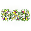 A large, visually expressive funeral tribute spelling out DAD is displayed against a plain, white background, ensuring the viewer's eye is drawn entirely to the flowers and their meaning. Three separate block letters - D, A, and D - are arranged in a straight horizontal line, each carefully shaped with a generous edging of dark green fern. The fern's fine, feathery leaves create a soft, textured frame that gently contains the mass of blooms within. The interior of each letter is densely filled with white chrysanthemums and broad white gerbera daisies, their overlapping petals forming a plush, even surface that feels quiet and respectful, echoing the solemn calm of a Stanmore funeral service. Interspersed within this white foundation, vivid yellow gerberas and small yellow spray roses add bright, hopeful accents, suggesting warmth, gratitude, and precious memories of happier times. Threaded through and around these are blooms of velvety purple lisianthus and clusters of deep pink or magenta spray roses, whose richer hues bring emotional depth and a sense of devotion to the tribute. Small lavender-coloured filler flowers and bright green button chrysanthemums offer additional texture, popping up between the larger heads like tiny notes in a gentle melody. The letters are subtly connected at the base by slim, dark green support bars, giving the arrangement stability while remaining visually unobtrusive. Suitable for display beside a coffin, along the front of a hearse travelling through Stanmore, or at a graveside gathering, this floral DAD design conveys a powerful message of love, remembrance, and respect for a beloved father.