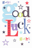 A cheerful good luck card is shown laid flat against a clean white background, its whole design focused on the bold, playful words GOOD LUCK sprawled across the centre in a collage of colour and character. Each letter feels hand-picked by a designer with a sense of fun: the first G is a large, rounded baby-blue shape that instantly catches the eye, followed by deep red, mossy green, midnight black, and rich violet letters that alternate in height and thickness, like a row of friends with different personalities standing shoulder to shoulder. Around the phrase, stars are scattered in every direction, as if tossed into the air over Stanmore High Street after some happy news. Some stars are strong and inky in navy and indigo; others soften into sky-blue, lilac, and muted lavender, their different sizes creating a sense of depth and motion across the white card. The crisp card stock looks smooth and slightly matte, the kind of quality finish you'd expect from a thoughtful card tucked alongside a bouquet from a local florist on Marsh Lane. Though you can't see any envelopes or flowers in the frame, the card itself carries the emotional weight of a well-wishing gift: something you might slip into a fresh arrangement sent to a student off to university, someone starting a new job in central London, or a neighbour opening a new shop near Stanmore station. The overall mood is one of upbeat encouragement and optimism, as if the bright colours, twinkling stars, and carefully crafted letters are quietly rooting for the person who receives it, promising that luck, support, and possibility are all within reach.