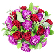 From a top-down perspective, this bouquet forms a dense, beautifully rounded circle of blooms against a crisp white background, echoing the refined style often requested by customers across Stanmore. The arrangement is rich with fully open red roses, their velvety petals unfolding in tight spirals that create a sense of depth and timeless romance. Their colour is a saturated, deep crimson that immediately suggests love, admiration, and significant celebration. Interspersed evenly among them are striking purple carnations. These carnations are characterised by their profusion of ruffled, frilly petals, which add a plush, tactile dimension to the bouquet, and their colour moves between bold royal purple and almost fuchsia tones at the edges, giving the design a lively, jubilant quality. Threaded through the flowers is a generous layer of greenery: dark, glossy leaves wrap around and between the blooms, forming a vivid green frame, while soft, rounded eucalyptus leaves in muted silvery-green peek through at various points, adding texture and a cooler, more relaxed feel, like the calm of nearby Bentley Priory at dusk. The lighting is clean and even, allowing each shade and texture to stand out clearly without harsh contrast, making the bouquet appear freshly prepared and ready for same-day delivery by Flower Delivery Stanmore to addresses near Canons Park, Stanmore Hill, or along the Broadway. Overall, the impression is one of composed abundance and heartfelt artistry, ideal for romantic anniversaries, special birthdays, or as an eye-catching centrepiece that brings warmth and elegance to any home in the local area.
