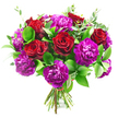 A rich, romantic bouquet of deep red roses and purple carnations is presented against a spotless white background, allowing each flower to stand out as if highlighted in a Stanmore shop window. The roses are a true crimson, their velvety petals curled into precise spirals that hint at timeless love and quiet intensity. They emerge from among abundant clusters of carnations, whose frilled, many-layered petals unfold in a blend of magenta, fuchsia, and royal purple. This interplay of smooth, sculptural roses and softer, ruffled carnations creates a sense of movement and depth, giving the bouquet a rounded, embracing appearance. Surrounding the blooms, polished dark green leaves frame the composition, their glossy surfaces reflecting the light softly, while slender eucalyptus stems in soft, silvery-green rise gracefully between the flowers, suggesting a whisper of cool, aromatic freshness. The stems at the base are cut evenly and gathered together, secured with a fine red ribbon that is barely visible, an understated detail that keeps the focus on the flowers themselves. The bright, consistent lighting and plain white backdrop reveal every subtle variation in petal tone and leaf texture, emphasising the bouquet's freshness and professional craftsmanship. Emotionally, the design feels perfect for an intimate celebration in Stanmore-a Valentine's gesture sent to a home near Canons Park, an anniversary bouquet for a couple living off Marsh Lane, or a proud congratulations gift delivered anywhere across the HA7 area. It combines drama and tenderness in equal measure, capturing the spirit of a carefully chosen floral gift created by a local florist who understands the language of colour and texture.