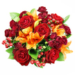 Seen from directly above against a pristine white backdrop, this densely packed, round bouquet reads as a single, sumptuous jewel of warm colour and texture. Large, fully opened deep red roses take centre stage, their velvety petals layered like silk and releasing the faint, classic perfume of freshly cut rose that seems to hang in the soft, even studio light. Scattered among them are bright orange Asiatic lilies with trumpet-shaped petals and visible stamens, some flushed fully open, others caught mid-unfurling to suggest movement and a bloom just beginning to breathe. Dark burgundy spray roses nestle in clusters, their tight, miniature blooms adding shadowed depth and a plush, velvet contrast to the larger roses. Glossy, round hypericum berries-ruby red and reflective-pepper the composition, offering playful punctuation and a slight, crisp texture against the softness of petals. Broad, glossy green leaves, reminiscent of ruscus or salal, peek out between the flowers, framing the warm palette of red and orange and bringing a cool, clean freshness that lifts the arrangement. The overall effect is celebratory and romantic, a bouquet that radiates warmth and generous feeling, ideal for anniversaries or as a heartfelt thank-you. As a local Stanmore florist might say, this arrangement brings the same welcoming colour as the shops along Stanmore High Street and the autumnal hues you might find on a walk across Stanmore Common. The photograph's top-down perspective and gentle lighting make every texture and tonal layer easy to read, so the bouquet's emotion-passion, joy, and comfort-comes through clearly even without scent.