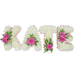 A gently luminous, bespoke floral tribute spelling the name KATE in bold, three-dimensional letters, each letter built from hundreds of small, pristine white chrysanthemums that create a cloud-like, densely packed surface. The inner edges of every letter are traced with a soft, pale-pink satin ribbon that catches the light and adds a refined, feminine contour against the pure white blooms. Hot pink roses provide vivid focal points: two opened roses nestle on the left arm of the K among a scattering of glossy green leaves; the A carries a single prominent pink rose centred low in its arch, framed by fine, curling green sprigs and tiny pale buds; the T is anchored by one bright rose at its base with ferny fronds and deeper foliage fanning out; and the E bears a pair of roses on its right side, accented by variegated leaves and whispering pink accents. The chrysanthemums are pressed closely together to form a seamless, textured face that looks almost plush to the touch, while subtle shadows beneath each letter imply a freestanding, sculptural display. A delicate rose scent whispers through the arrangement, tempered by the fresh-green perfume of ruscus or eucalyptus peeking beneath the roses. Set against a crisp white background and photographed in soft, ambient light, the piece reads as an intimate, respectful tribute-quietly appropriate for a funeral service or celebration of life at a local chapel near Canons Park or Stanmore High Street. It conveys careful craftsmanship, personal remembrance, and a tender, reverent mood from the hands of an experienced local florist.