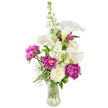 A refined bouquet of celebration, described as if I were handing it across the counter to someone arriving from Stanmore Broadway. The arrangement rises from a gently curved clear glass vase, water catching the light and revealing slender, slightly green stems beneath. At the composition's core, sculptural white calla lilies lift like porcelain trumpets, their smooth, ivory curves framing pale yellow spadices that draw the eye upward with calm certainty. Nearby, a tall spire of white stock - its clustered, delicate florets sometimes called larkspur by local growers - provides an elegant vertical line and soft, pillowy texture. Deep magenta peonies punctuate the bouquet with theatrical richness: two fully open blooms tumble their ruffled, velvet petals toward the lower half while a smaller, tight bud promises the next stage of bloom. A single creamy white rose nestles low and steady, its concentric spirals offering classical restraint against the peonies' exuberance. Wisps of baby's breath (Gypsophila) float through the design like soft clouds, lightening the palette and adding tiny points of floral lace. Lush greenery - a mix of fern-like fronds and broader glossy leaves - gives the flowers a fresh garden backdrop and gentle movement. In soft morning light the textures read clearly: velvety petals, smooth calla skin, and the feathery fineness of baby's breath. This is a bouquet that suggests milestones and quiet joys alike: perfect for an anniversary, a congratulatory gift, or to bring a touch of Stanmore warmth into a home after a walk in Canons Park.