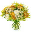 This hand-tied bouquet, photographed upright against a pristine white background, glows with warm autumn tones and lush greenery, much like the gentle, tree-lined streets of Stanmore in late September. At its core, large chrysanthemums in shades of deep golden yellow, burnt orange, and soft rust form a generous, domed shape, their fine, spiky petals densely packed and fanning outward to create a textured, almost feathery surface that draws the eye. Between these richly coloured blooms, creamy white roses rest gracefully, their petals unfolding in smooth, velvety spirals that lend a romantic softness and subtle luxury to the arrangement. Interspersed are bright yellow-orange celosia flowers, their velvety crests rippling into brain-like or coral-shaped forms, adding a sculptural, playful touch that contrasts beautifully with the more traditional shapes of the roses and chrysanthemums. Dotted all through the bouquet are small white daisy-like flowers with golden centres that recall chamomile, bringing a light, informal charm and a sense of meadow freshness, as though freshly gathered from a garden near Stanmore Common. Surrounding and weaving through the flowers is a generous mix of greenery, including feathery lime-green solidago and other leafy stems, which add height, volume, and a cool freshness that frames and lifts the warm tones. The stems are visible at the base, neatly aligned and bound securely with green florist's tape, underscoring the careful craftsmanship of the design and its readiness for gifting or display. The bouquet feels warm, inviting, and quietly celebratory, ideal for birthdays, thank-you gestures, or simply brightening a Stanmore home with a touch of seasonal colour and texture.