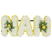 A meticulously crafted, three-dimensional floral tribute spells out the letters MAM in bold capital form, created as a heartfelt memorial for a cherished mother. Each letter is densely covered with small, pristine white chrysanthemum spray blooms, their cloud-like clusters giving the surface a soft, cushiony texture that reads as quiet purity. The edges of every letter are crisply defined by a bright, sunny yellow pleated ribbon that traces the perimeter with neat pleats, offering a warm visual counterpoint to the white chrysanthemums. The first M and the final M each carry a gentle accent cluster - a tightly furled yellow rose at the centre, surrounded by delicate white freesia buds whose sweet, clean scent would lift in soft wakes when viewed up close. Lush dark green fern fronds and glossy deep-green leaves fan out beneath these clusters, adding a cool, verdant depth against the white and yellow and suggesting fresh-cut stems from early morning deliveries. A discreet, sturdy dark green or black horizontal bar runs behind the upper sections of the letters, unseen from the front but giving stability for display at a funeral, graveside, or memorial table. The composition is photographed against a plain white background so the yellow, white, and green tones sing clearly, and the lighting is soft and even to highlight texture rather than shadow. As a florist who frequently arranges tributes for services near Stanmore Park or Canons Park, I picture this piece placed gently beside a service book, emblematic of affection and remembrance, a clean, comforting expression of enduring love and quiet gratitude.