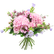 Against a bright white background, this hand-tied bouquet of hydrangeas, roses, and bellflowers looks like a soft pastel sculpture, carefully crafted for someone in Stanmore who loves gentle, romantic flowers. Two large, dome-shaped heads of blush pink hydrangea create the central structure, each composed of innumerable tiny petals that fold over one another to form fluffy, rounded mounds. Woven through these are light pink roses, some fully opened to reveal their intricate spiral centres, others kept in graceful bud form, adding variety in shape and a sense of emerging beauty. Sprouting from between the roses and hydrangeas are slender stems of bell-shaped blooms in lavenders and muted purples, likely campanula, which lift the eye upward and lend an airy, almost dancing quality, reminiscent of flower borders in gardens around Stanmore Hill and nearby residential streets.
To enrich the colour palette, the florist has included small clusters of deeper fuchsia and vivid pink filler flowers, perhaps waxflower or phlox-like sprays, which add fine-grained texture and subtle bursts of intensity. A generous layer of fresh green foliage surrounds and supports the blossoms, its varied leaves giving the bouquet a natural, freshly gathered character, suitable for same-day delivery across Stanmore, Belmont, and nearby areas. The stems at the bottom are neatly collected and tied, their cut ends aligned to emphasise the handcrafted, ready-for-a-vase design. Overall, the bouquet conveys tenderness, joy, and gratitude, making it perfect for celebrating birthdays, anniversaries, or simply sending a comforting message of love and appreciation to someone special in the local community.