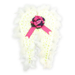 Displayed against a seamless white background, this angel-wing floral tribute appears almost to float, radiating calm and purity. The wings are meticulously built from myriad small white flowers, likely compact chrysanthemums or spray carnations, set closely together to form a lush, unbroken surface. Their petals layer over one another in soft, rounded textures, creating an impression of billowing clouds or a padded quilt of blooms. Along the outer edge of the wings, soft white feathers are threaded through the flowers, their fine strands lifting lightly away from the design and lending a feathery, ethereal outline. At the point where the wings meet, a circular cluster of deep violet and dark purple flowers or foliage introduces a dramatic, contemplative centre, drawing focus without overpowering the overall sense of peace. Resting on this dark base is a striking fuchsia satin bow, its bright sheen catching subtle highlights, with long ribbon tails that flow downwards across the field of white blossoms. Tucked gently in the heart of the bow is a single light pink rosebud, only just beginning to unfurl, its soft blush hue representing tenderness, innocence, and enduring love. The arrangement feels still yet profoundly expressive, an ideal tribute for a funeral or memorial in Stanmore, whether placed in a chapel near Stanmore Hill or in a quiet corner of a local cemetery. Crafted with the sensitivity of a florist who understands how families in Stanmore and nearby Queensbury wish to honour their loved ones, this angel-wing design offers the comforting image of gentle wings cradling a cherished soul.