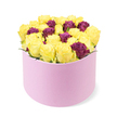 In a Stanmore studio corner, this vibrant and elegant floral arrangement arrives in a modern cylindrical pastel pink gift box with a soft matte finish. The rounded box sits against a crisp white background, its curved front opening revealing a dense, domed cluster of blooms. The palette centers on bright, sunny yellow roses, their petals just opening to catch the light, radiating warmth and cheer. Interwoven among them are deep purple or burgundy roses, their velvety petals providing a sophisticated counterpoint and a touch of luxury. The bouquet is packed tightly, creating a plush, abundant silhouette that slightly overflows the box edges. A whisper of green foliage threads through the blooms, letting the yellows glow and the purples glow with equal importance. This contemporary gift feels both celebratory and refined, ideal for birthdays, anniversaries, or a thoughtful surprise delivered across Stanmore. Fresh as morning, each stem has been selected and arranged by a local florist who understands the rhythm of Stanmore life. The box's soft texture and the clean white backdrop elevate the colours, while the presentation suggests elegance and care. For those seeking reliable joy, this arrangement is available for same-day delivery across Stanmore and nearby communities, bringing a bright moment to a home, an office, or a doorstep with the confidence that a neighbourly florist has crafted it.