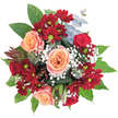 This bouquet is a study in both colour harmony and lively contrast, a true reflection of Stanmore's cheerful, cosmopolitan flair. Peach-hued roses, with their elegantly spiralled petals, nestle amid vivid clusters of crimson chrysanthemums whose brilliant green-yellow centres add a spark of delight. Wisps of baby's breath glimmer between them, their tiny white blossoms reminiscent of clouds drifting over Stanmore Park, while slender eucalyptus branches bring subtle freshness and a cool, powdery texture. The entire arrangement is held together with deep, glossy green foliage radiating from the base, embracing the bouquet in a lush frame. A distinctive, chestnut-hued spiky element on the left side hints at the exotic and modern, bringing architectural intrigue to the traditional silhouettes. Crafted by expert hands in Stanmore, this bouquet is perfect for birthdays, anniversaries, or simply to send a message of gratitude and joy to friends and family across the area. Its scent-gentle rose layered atop crisp greenery and eucalyptus-evokes the welcoming character and quiet charm that define Stanmore, making this floral design an invitation to delight in beauty and connection.