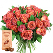 Radiant hues and sensory richness define this thoughtfully arranged gift set-a plush, rounded bouquet of lush coral, peach, and deep pink roses, each bloom displaying a gentle transition from luminous centers of yellow and cream to vibrant, flushed outer petals. Some buds remain tightly coiled, while others open wide, revealing layers of velvety texture reminiscent of floral tapestries from Stanmore's classic garden estates. Interwoven between the flowers, glossy sprays of salal and eucalyptus provide dark green highlights that elevate the bouquet's warmth and create a harmonious, full-bodied arrangement. The stems are expertly gathered, suggesting a hand-tied composition familiar to patrons of local Stanmore florists. On the lower left, a rectangular, pale Thorntons Orange Crisp chocolate pouch nestles, its understated design and bold typography complemented by the illustrated promise of orange-infused, crispy wafer truffles coated in milk chocolate decadence. Two real chocolate truffles, rounded and glossy, sit in the foreground, perfectly echoing the invitation to delight in every sense. The entire set is grounded by a stark white backdrop, keeping focus on the colours and textures. Ideal for marking anniversaries, birthdays, or special moments-whether delivering to a loved one near Stanmore Golf Course or sending gratitude to a family in Stanmore Hill-this combination speaks of generosity, refinement, and the art of gifting in the local community.